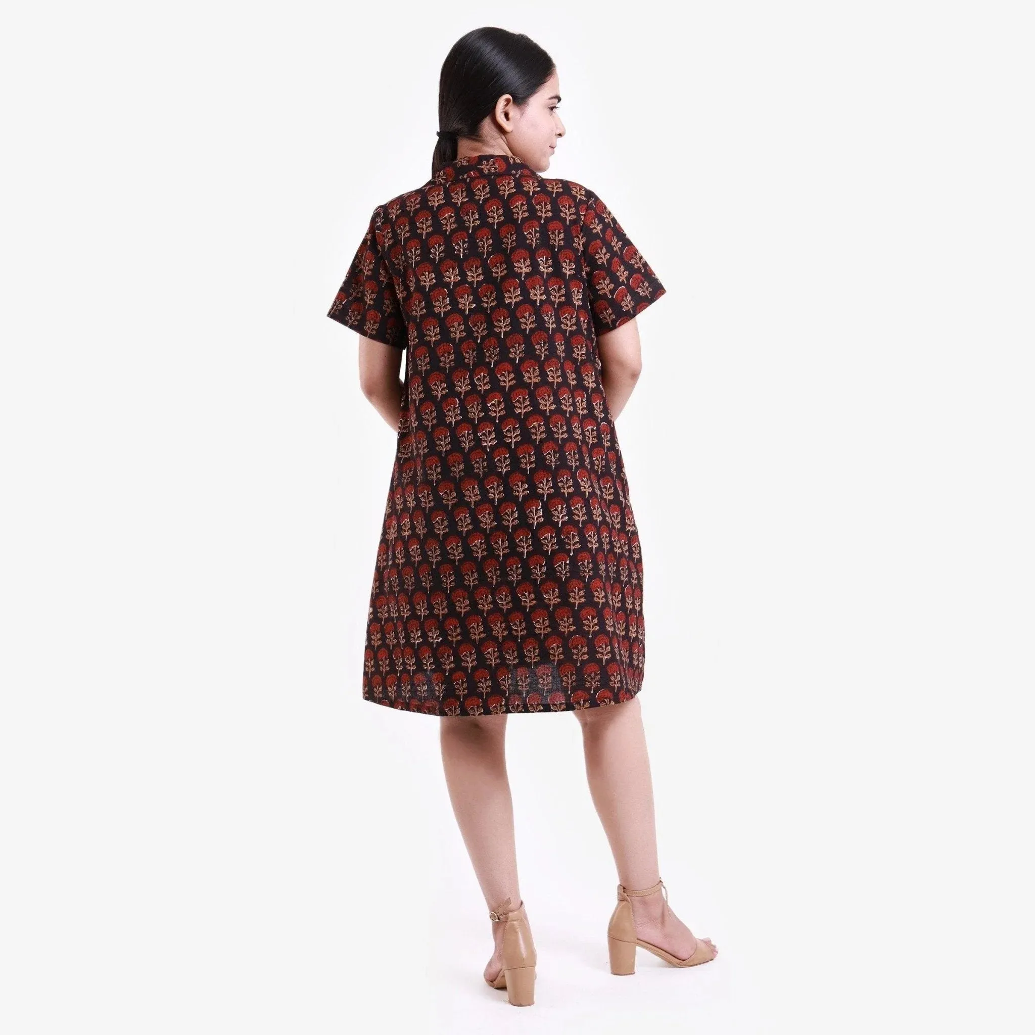 Black Block Print Cotton Knee Length Shirt Dress