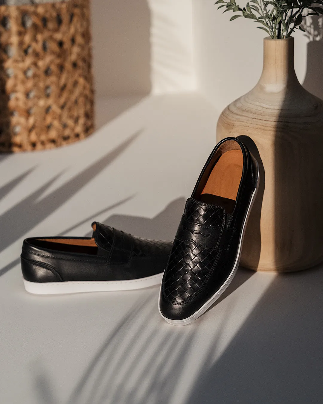 Black Braided Leather Isidora Slip On Penny Sneakers with White Soles - Summer 2024 Collection