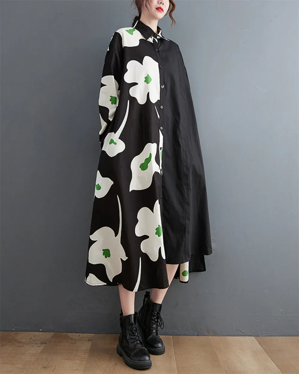 ellazhu Women's Casual Irregular Patchwork Lapel Floral Long Dress Buttons Down GZ14