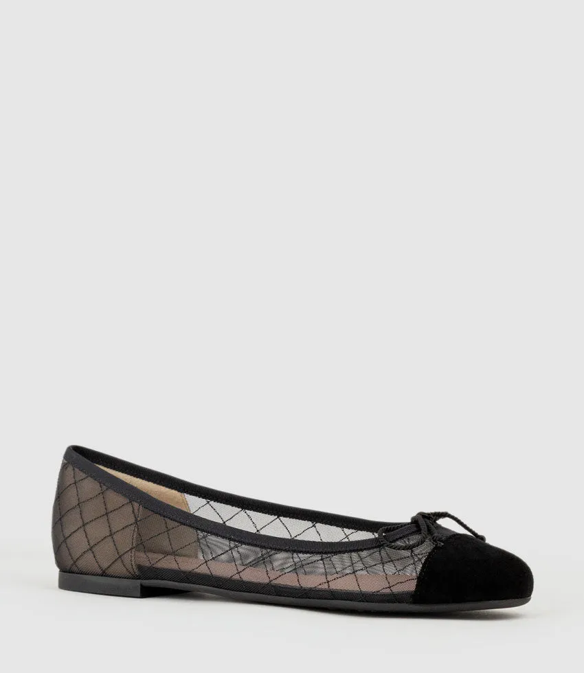 EMILY Cap Toe Mesh Ballet in Black Suede