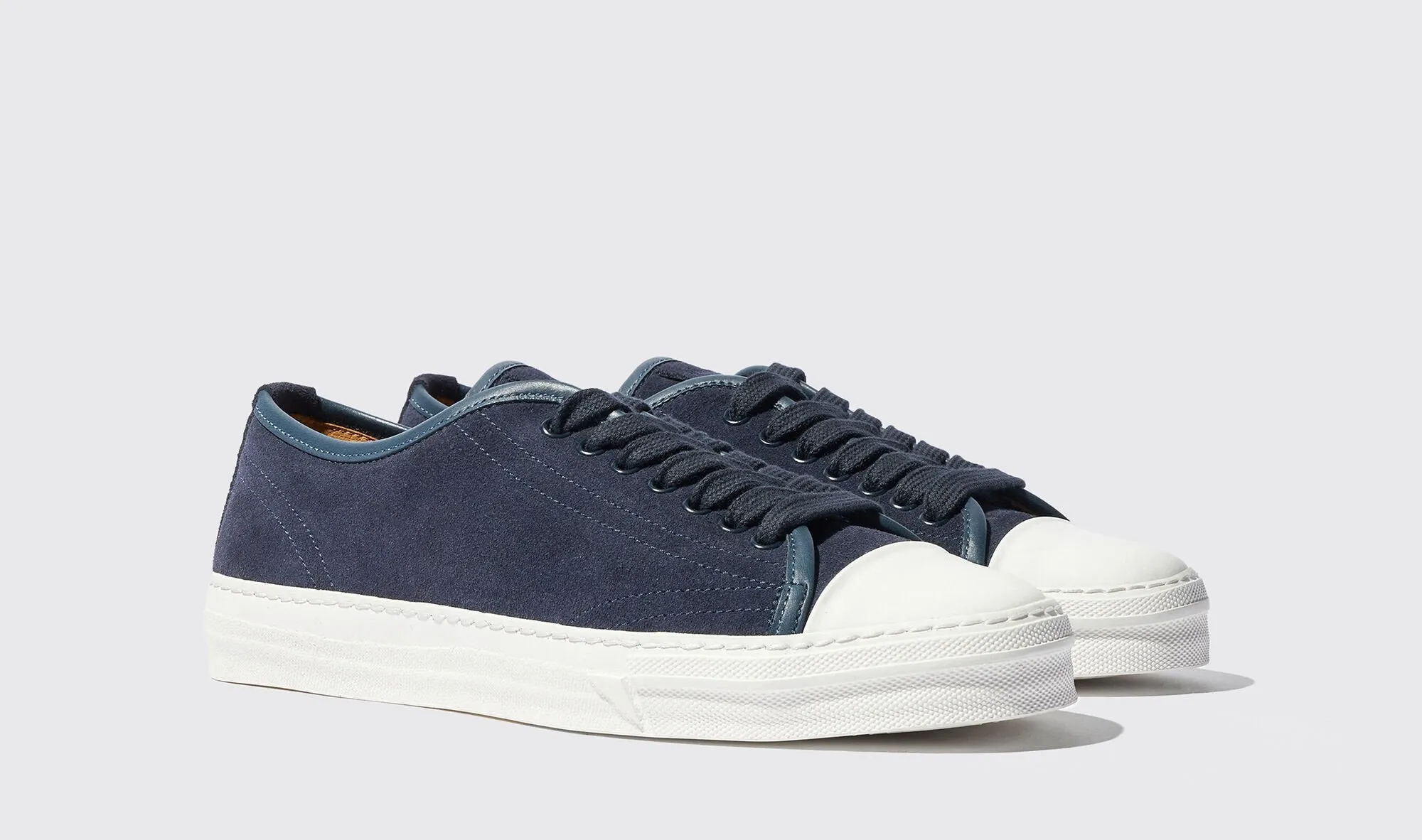 Navy Blue Leather Marshmallow Lace-Up Sneakers With White Sole
