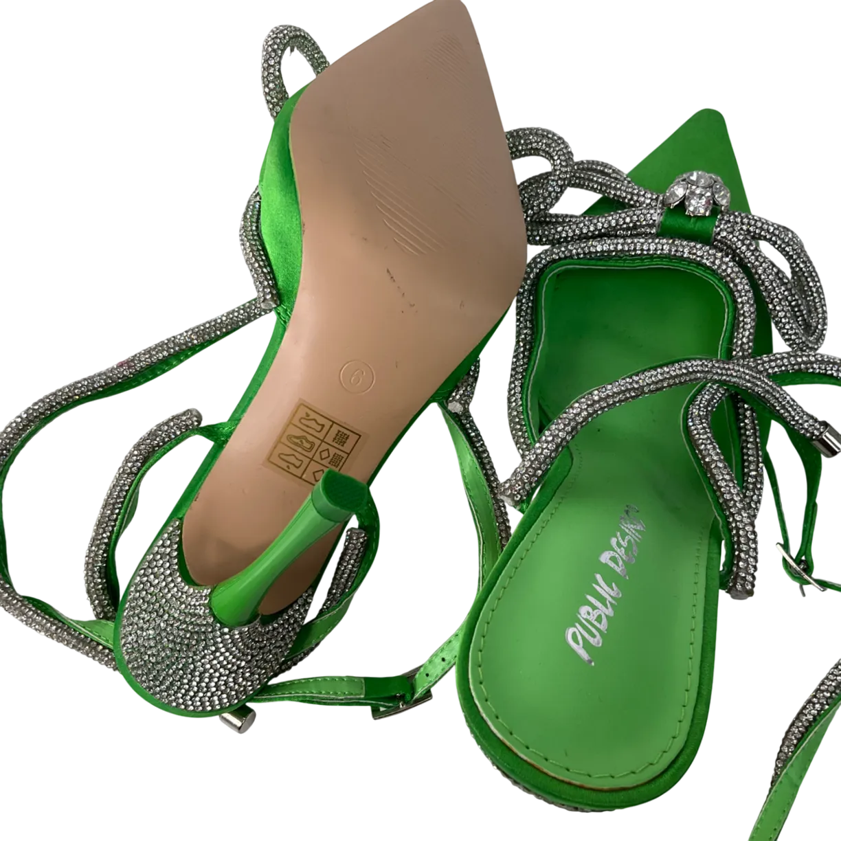 Public Desire Green Wrap Around Diamante Bow Pointed Toe High Heels UK 6 EU 39 