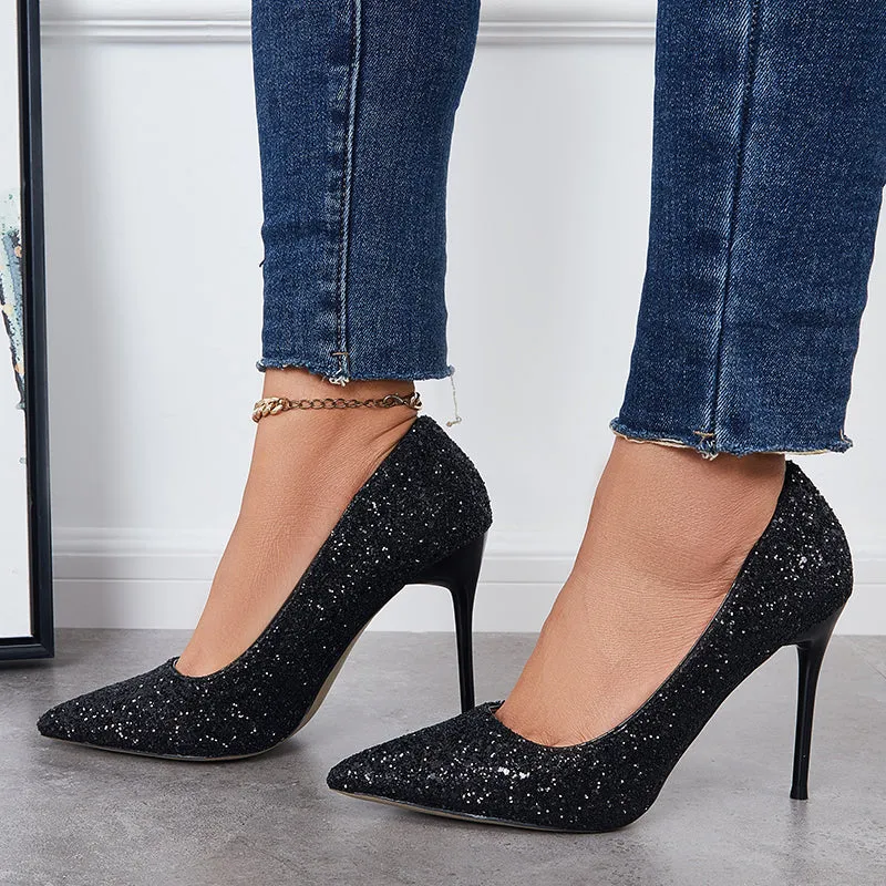 Sohiwoo  Women Shiny Sequin Stilettos Heels Court Pumps Pointed Toe Dress Shoes