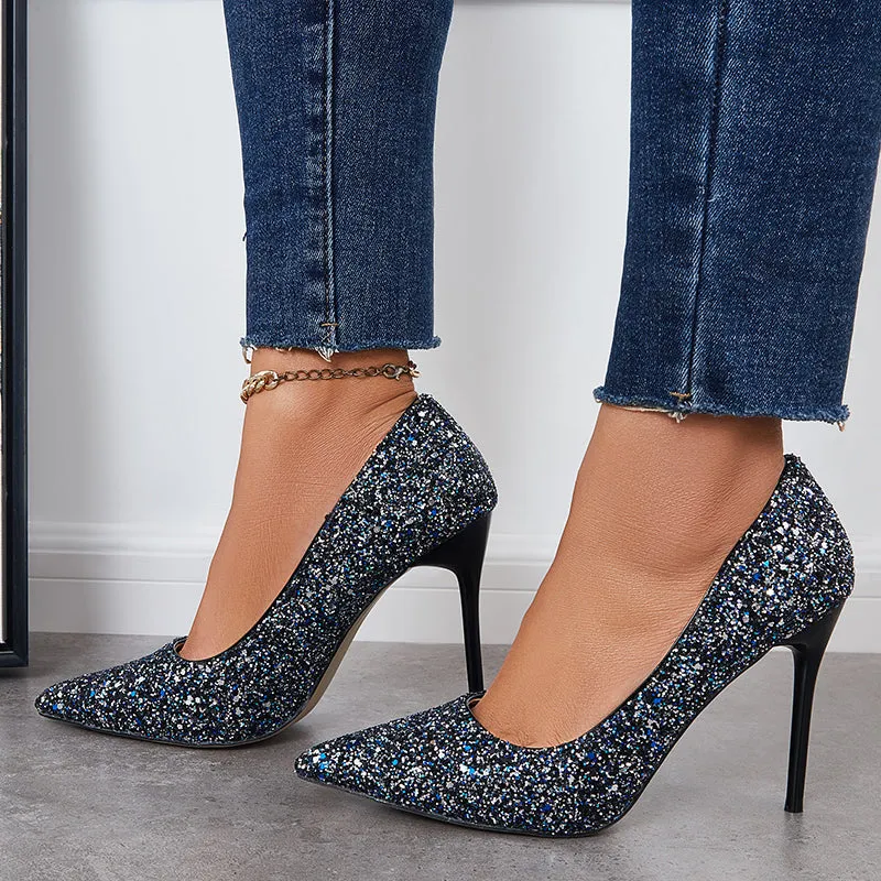 Sohiwoo  Women Shiny Sequin Stilettos Heels Court Pumps Pointed Toe Dress Shoes