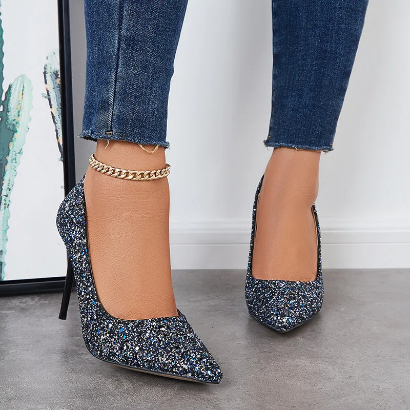 Sohiwoo  Women Shiny Sequin Stilettos Heels Court Pumps Pointed Toe Dress Shoes