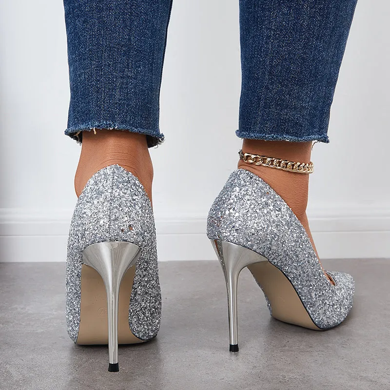 Sohiwoo  Women Shiny Sequin Stilettos Heels Court Pumps Pointed Toe Dress Shoes