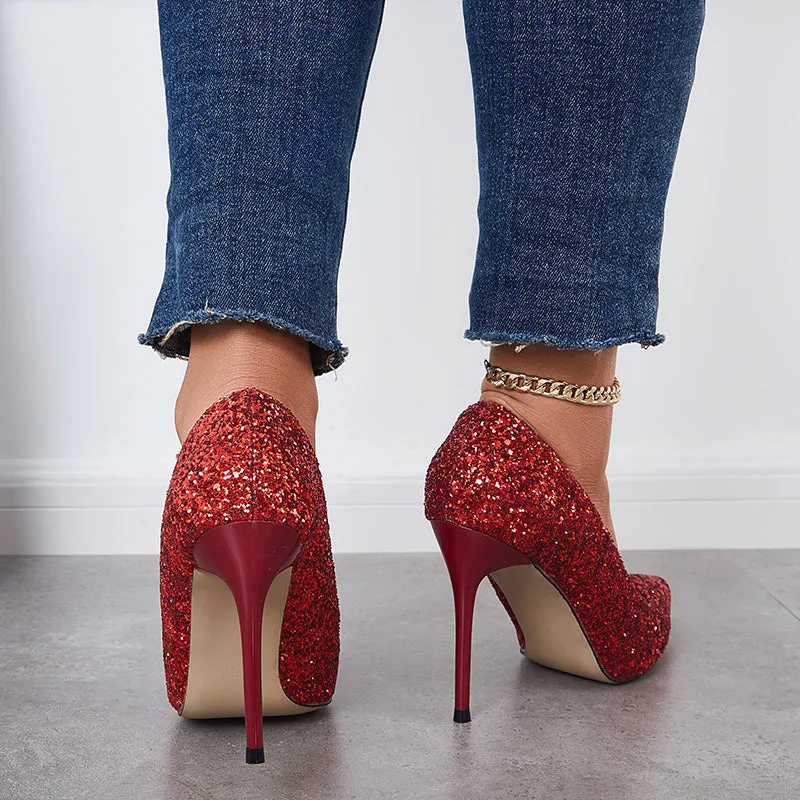 Sohiwoo  Women Shiny Sequin Stilettos Heels Court Pumps Pointed Toe Dress Shoes