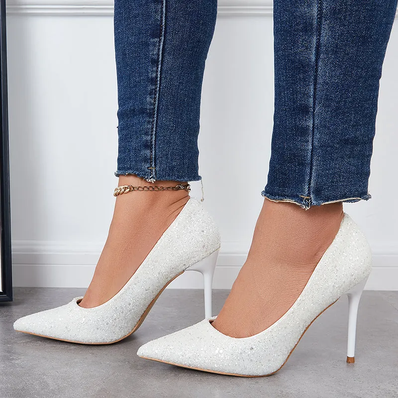 Sohiwoo  Women Shiny Sequin Stilettos Heels Court Pumps Pointed Toe Dress Shoes
