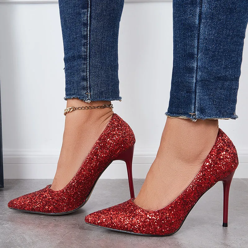 Sohiwoo  Women Shiny Sequin Stilettos Heels Court Pumps Pointed Toe Dress Shoes