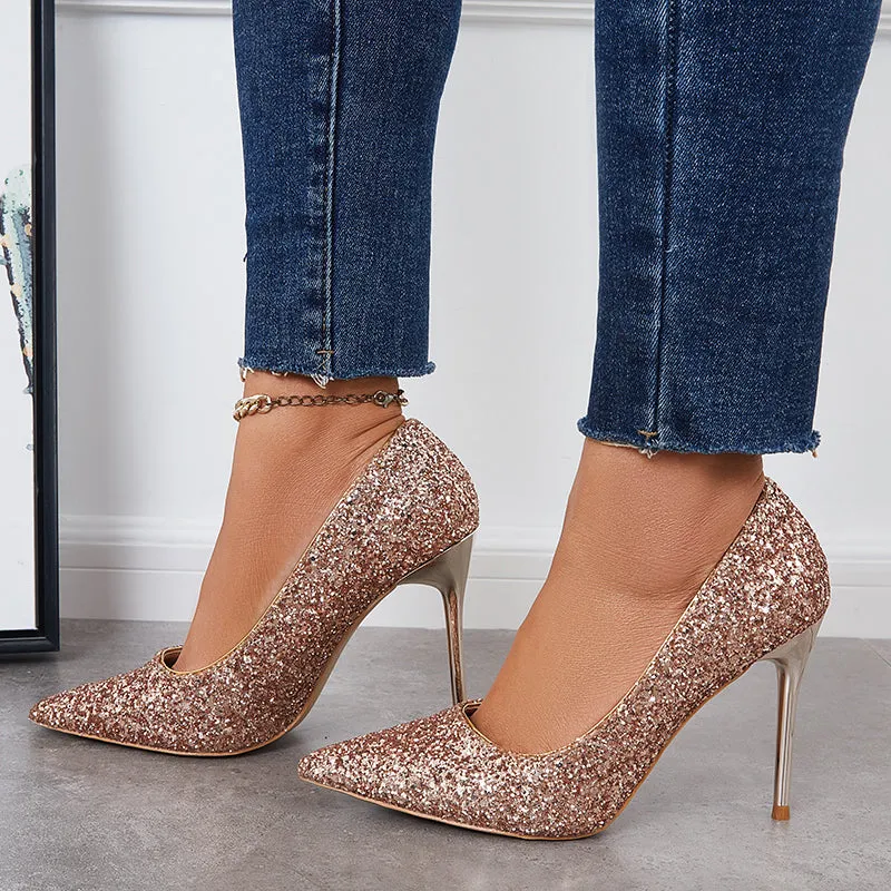 Sohiwoo  Women Shiny Sequin Stilettos Heels Court Pumps Pointed Toe Dress Shoes