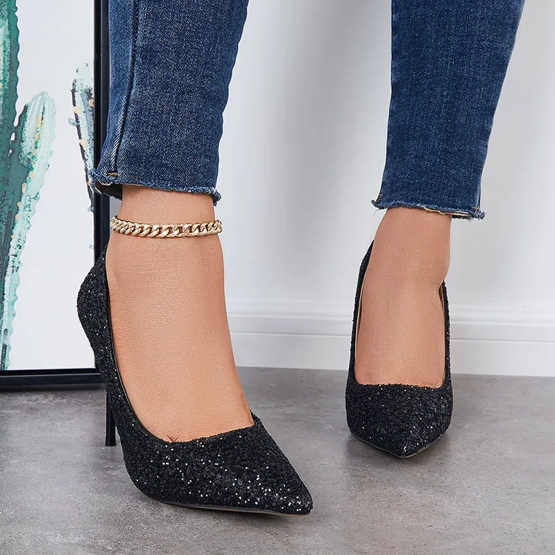 Sohiwoo  Women Shiny Sequin Stilettos Heels Court Pumps Pointed Toe Dress Shoes