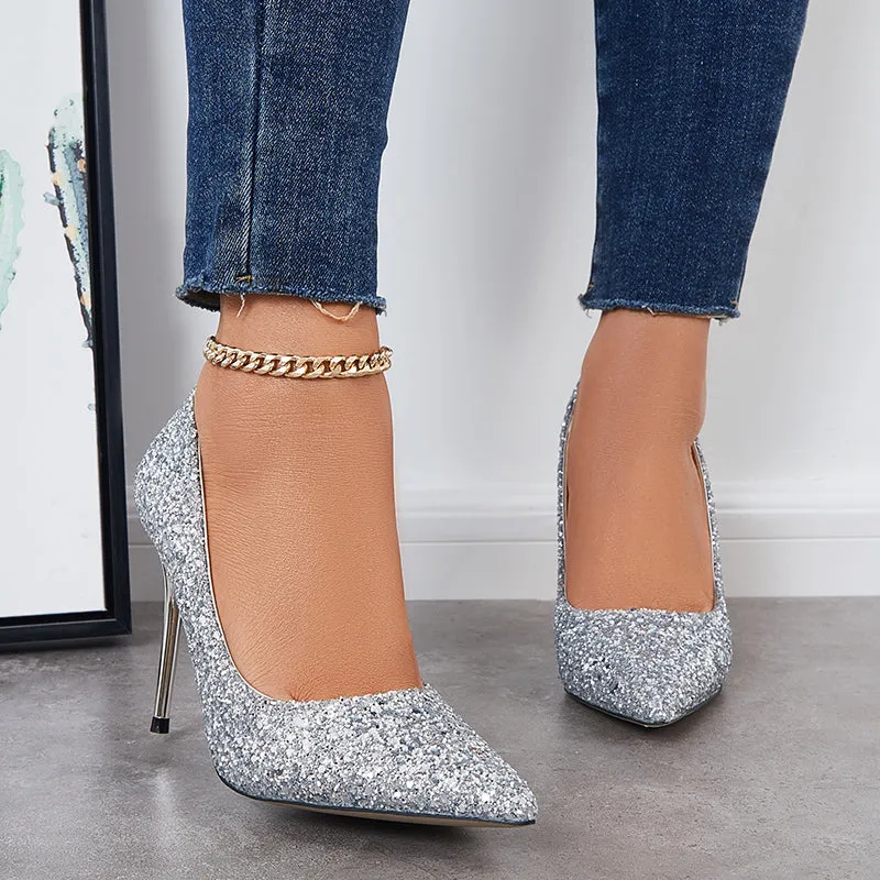 Sohiwoo  Women Shiny Sequin Stilettos Heels Court Pumps Pointed Toe Dress Shoes