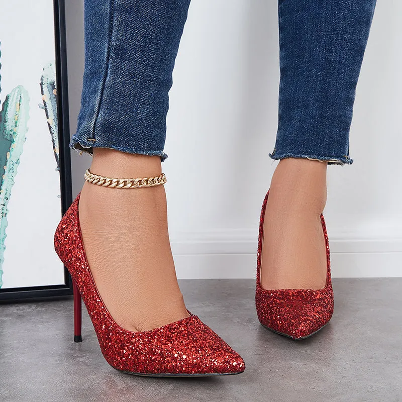 Sohiwoo  Women Shiny Sequin Stilettos Heels Court Pumps Pointed Toe Dress Shoes