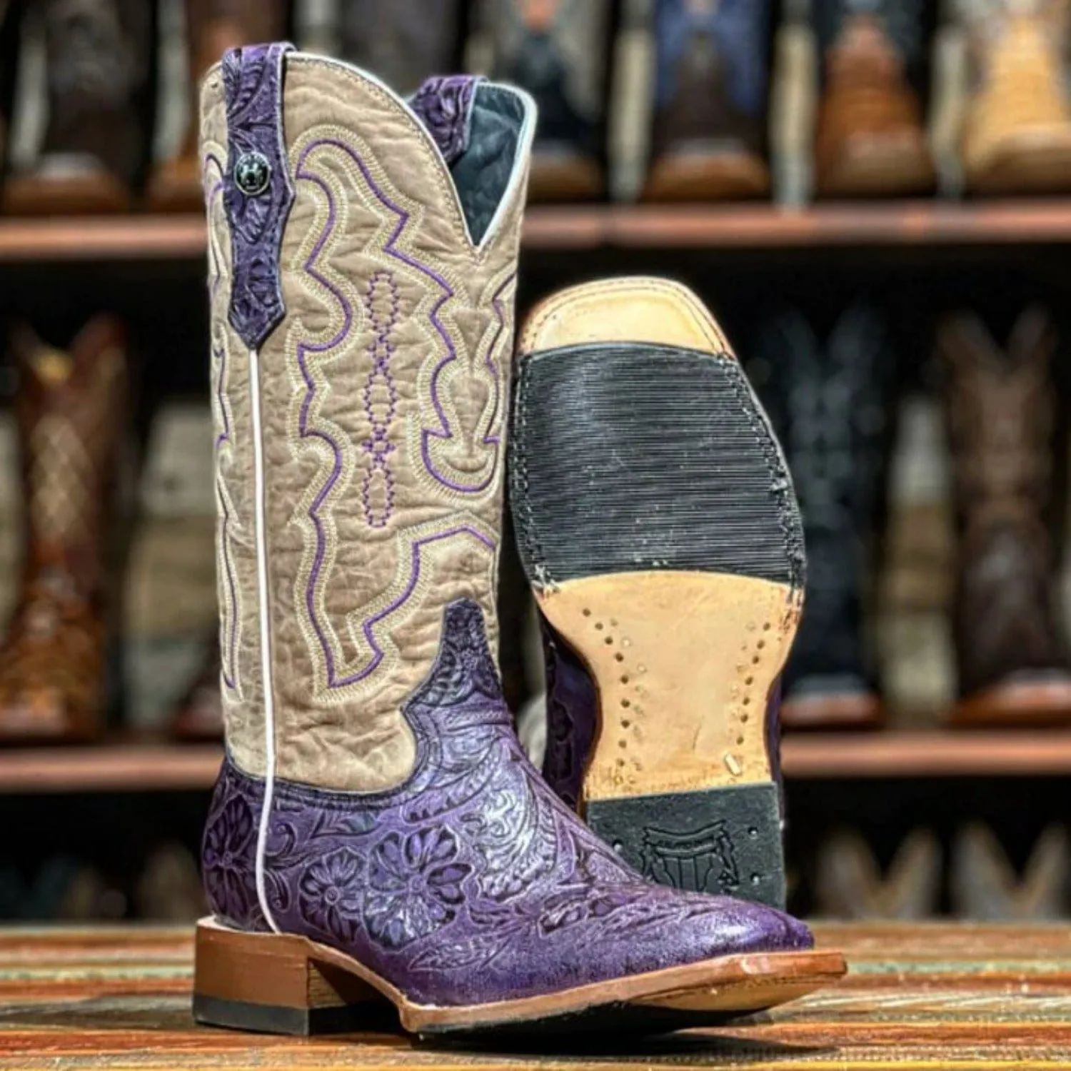 Tanner Mark Women's Hand Tooled Square Toe Leather Boots Grape