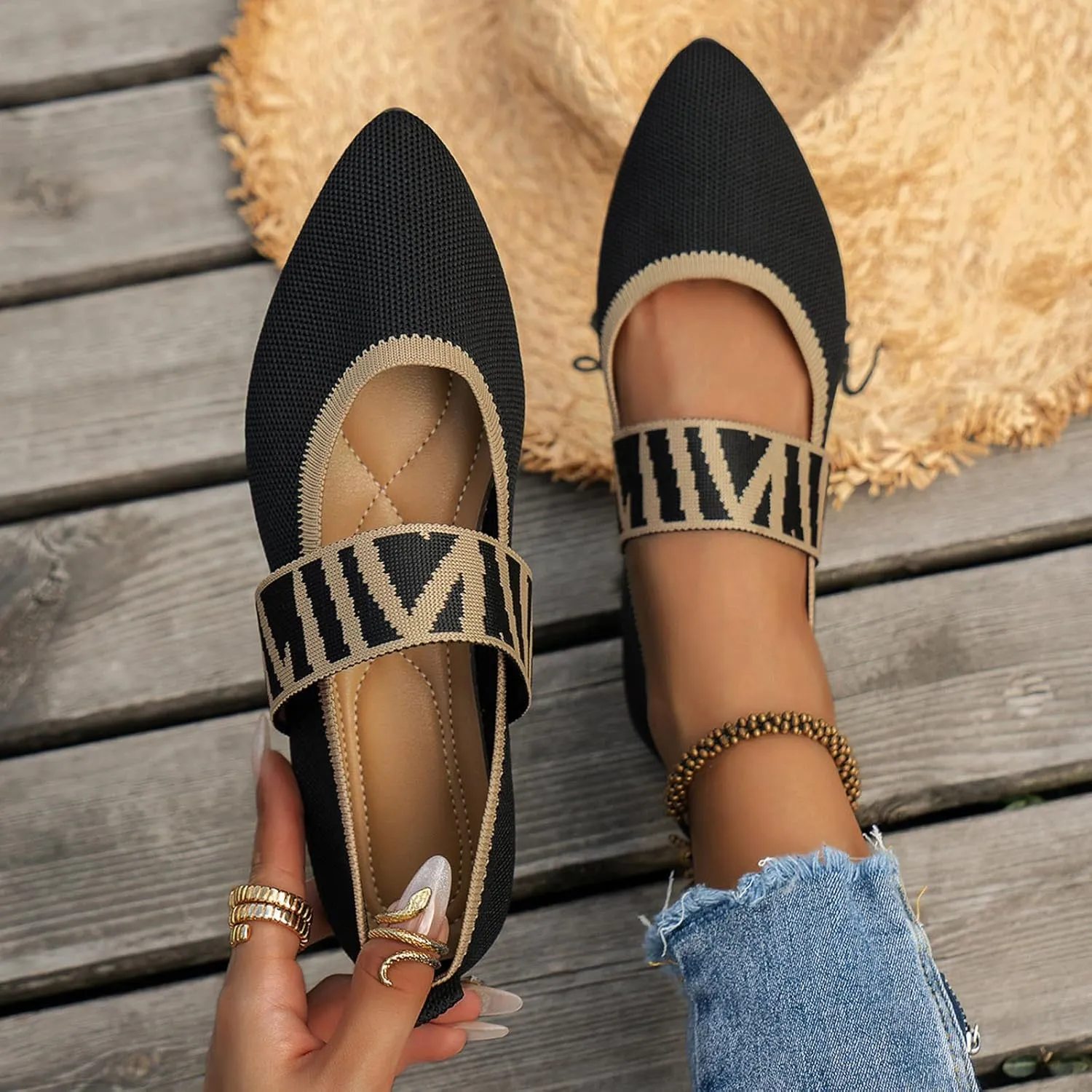 Women's Colour Blocking Lattice Shallow Mouth Hollow Flat Bottom Comfortable Single Elegant Shoes Trendy Slip on No Slip