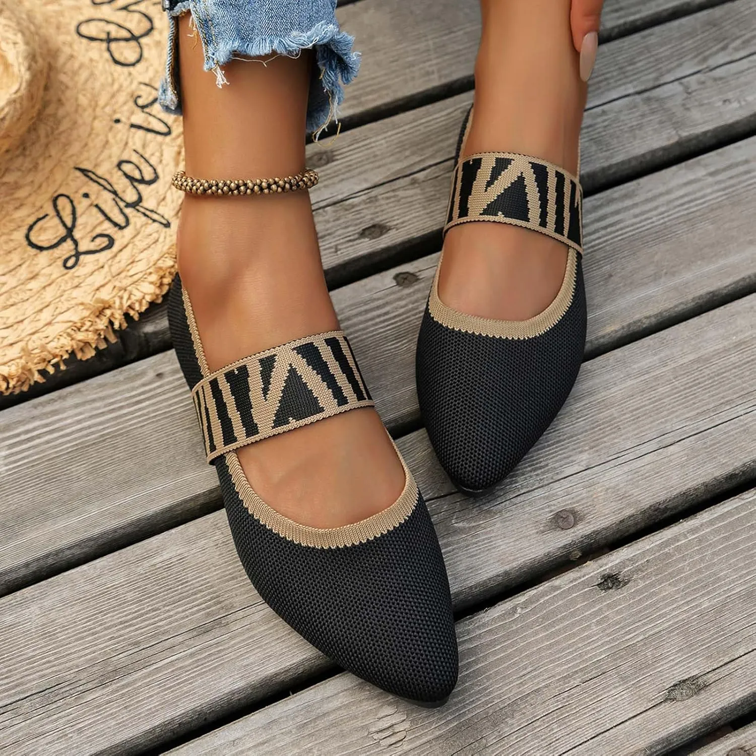 Women's Colour Blocking Lattice Shallow Mouth Hollow Flat Bottom Comfortable Single Elegant Shoes Trendy Slip on No Slip