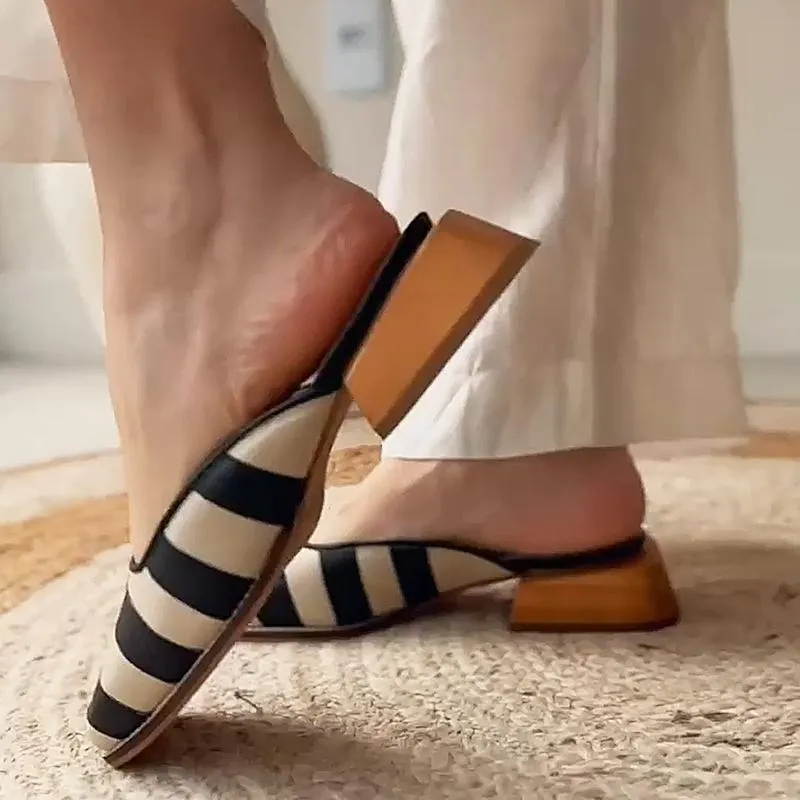 Women's Striped Vintage Block Heel Mules